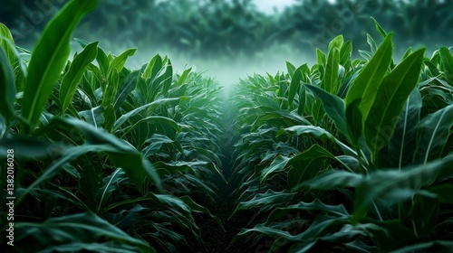 Wide angle shot of a lush green cardamom plantation tall plants swaying gently in the breeze early morning mist adding a mystical touch realistic and highly focus on texture and depth.