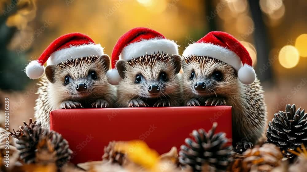 Festive hedgehogs in santa hats amid autumn leaves and pine cones. Merry Christmas. Happy New Year Festive hedgehogs in santa hats amid autumn leaves and pine cones. Merry Christmas. Happy New Year