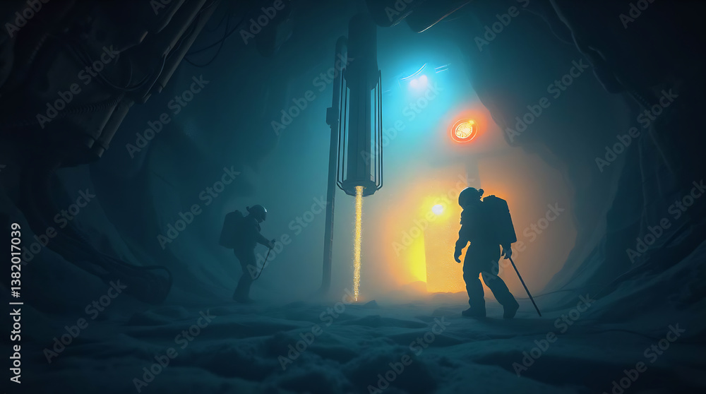 Fototapeta premium Subsurface ice mining operation in thick fog, exosuits and thermal drills