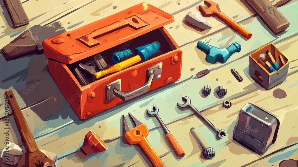 Handyman's Toolkit: A vibrant cartoon illustration of a red toolbox brimming with an array of essential tools scattered across a rustic wooden surface. Handyman's Toolkit: A vibrant cartoon illustration of a red toolbox brimming with an array of essential tools scattered across a rustic wooden surface.