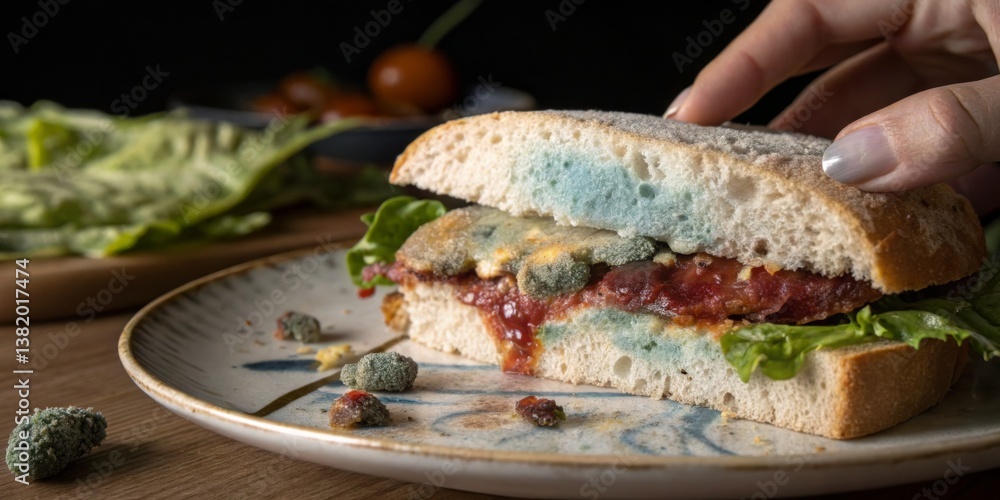 Moldy sandwich served on a plate with fresh vegetables in a dimly lit setting