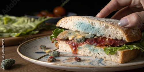 Moldy sandwich served on a plate with fresh vegetables in a dimly lit setting
