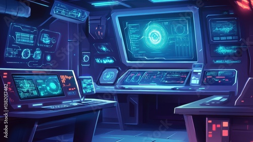 Command Console: A futuristic control room, filled with monitors displaying intricate data, suggests a space exploration or scientific mission in a darkened setting.