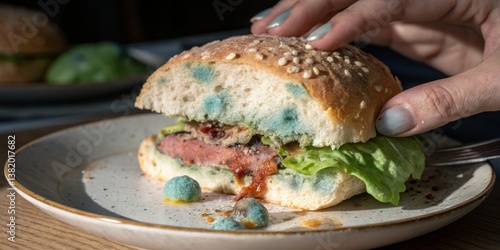 Obraz na płótnie Moldy hamburger reveals neglect in food safety standards at a local diner w salonie