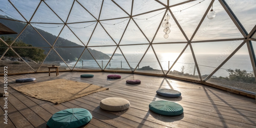 Dome-shaped structure with cushions overlooking the ocean at sunrise in a serene coastal setting