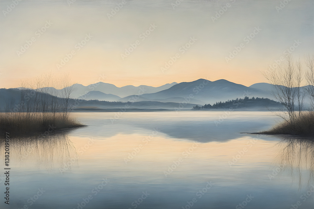 Fototapeta premium Silent Morning Revelations: Harmony in Nature's Elements Amidst Tranquil Waters and Majestic Peaks