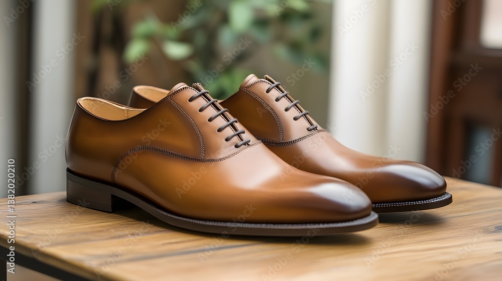Stylish Brown Shoes Placed on Table Ready for Use in Professional Setting Stylish Brown Shoes Placed on Table Ready for Use in Professional Setting