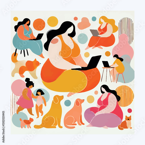 A collection of minimalist collages featuring women, animals, and cozy home scenes. The illustrations use simple, organic shapes and a flat, warm pastel palette to convey comfort and calm.