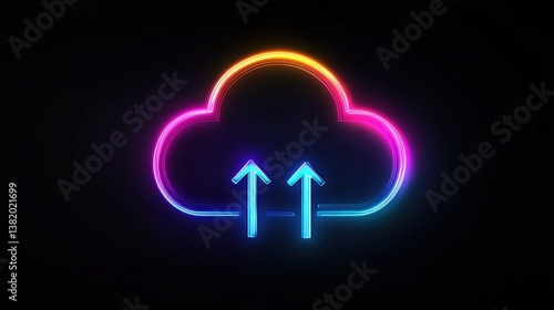 Glowing Cloud Upload Icon: A vibrant neon cloud symbol with upward arrows, symbolizing data upload, radiates against a dark background, conveying the concepts of technology, cloud computing.