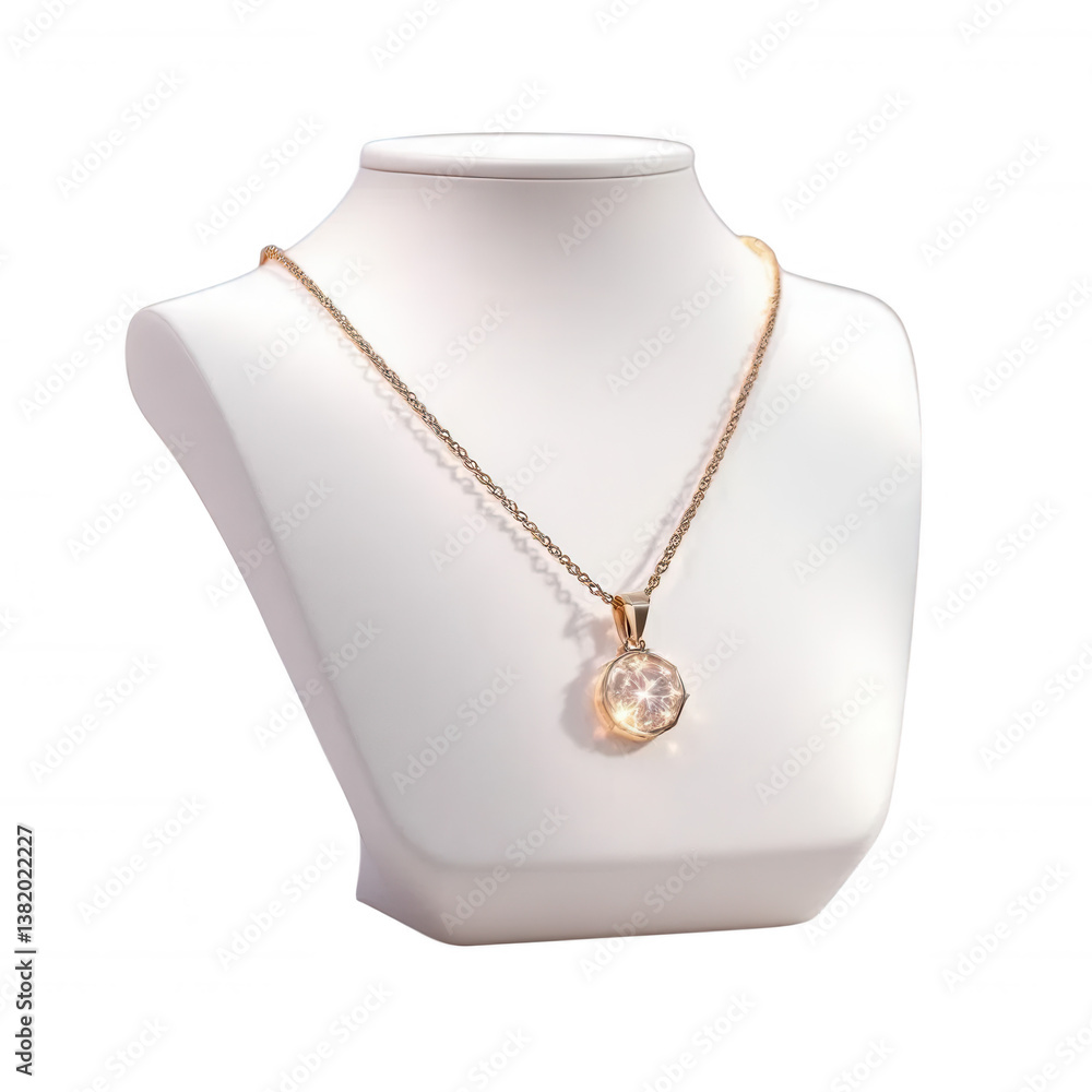 Gold Chain Necklace with Round Pendant on White Bust Form Display Gold Chain Necklace with Round Pendant on White Bust Form Display