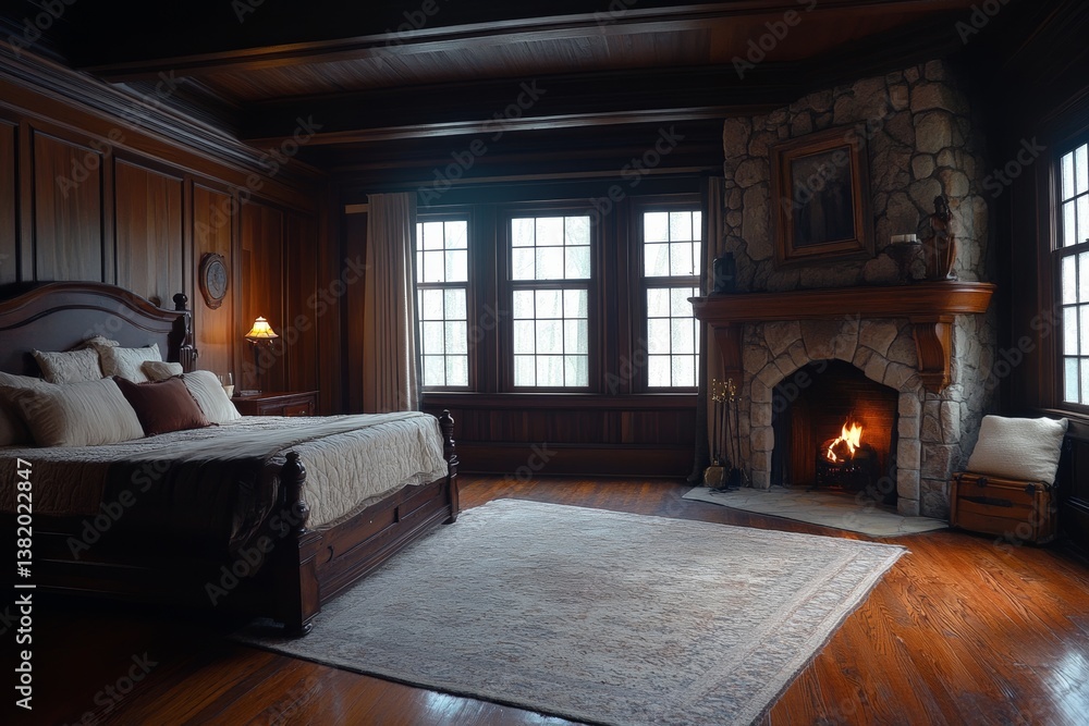 Interior of a cozy classic bedroom with a fireplace. Interior of a cozy classic bedroom with a fireplace.