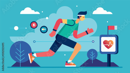 A jogger pausing to check their heart rate and distance covered displayed in an augmented reality fitness tracker hovering in front of them.. Vector illustration