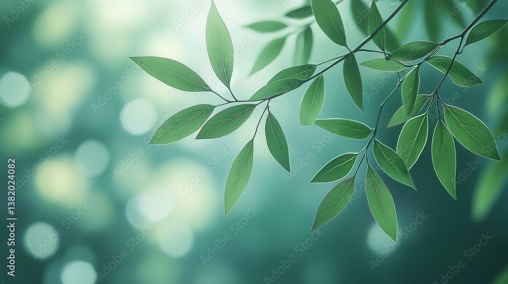 Peaceful Green Leaves on Branch with Soft Light Bokeh Background, Natural Botanical Scene with Elegant Foliage and Serene Atmosphere for Eco-Themed Design and Tranquil Decor Peaceful Green Leaves on Branch with Soft Light Bokeh Background, Natural Botanical Scene with Elegant Foliage and Serene Atmosphere for Eco-Themed Design and Tranquil Decor