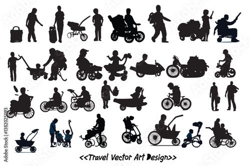 Set of silhouettes of people and animals on the beach enjoying various activities
