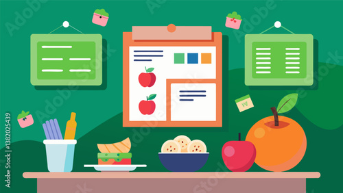 A bulletin board next to the snack bar displays healthy recipe ideas and tips for healthy snacking at work.. Vector illustration
