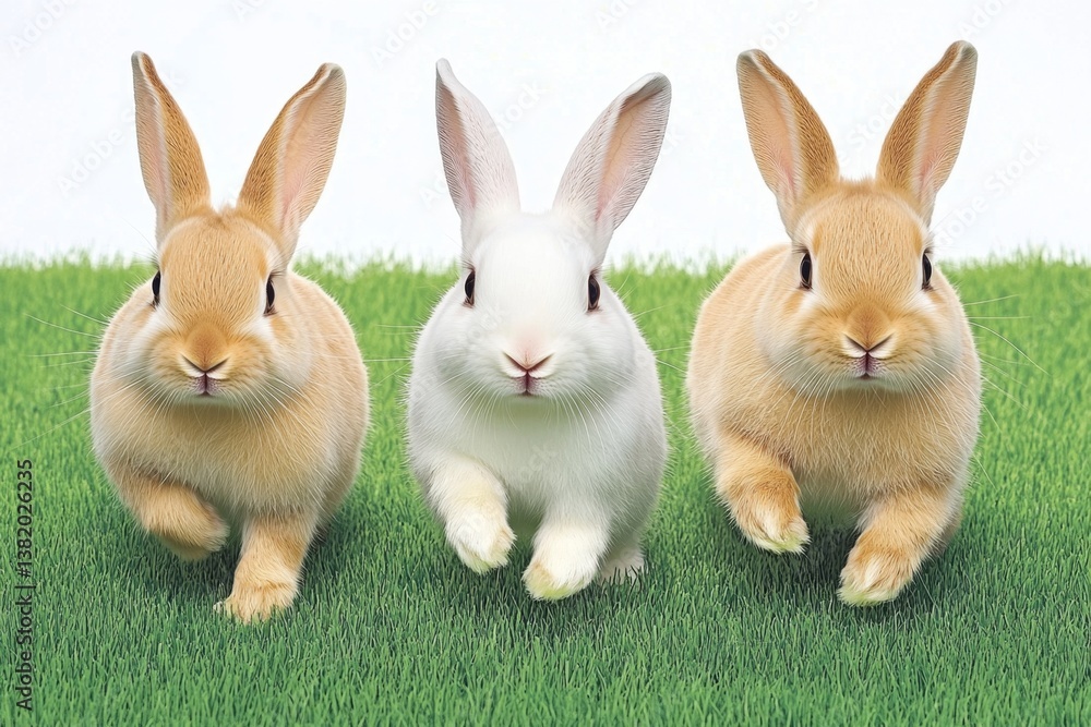 Obraz premium A group of rabbits hopping through a grassy farm enclosure