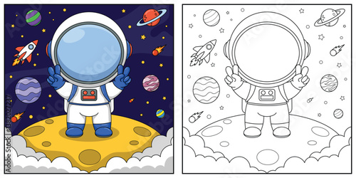 Astronaut in space. Black and white vector illustration for coloring book.