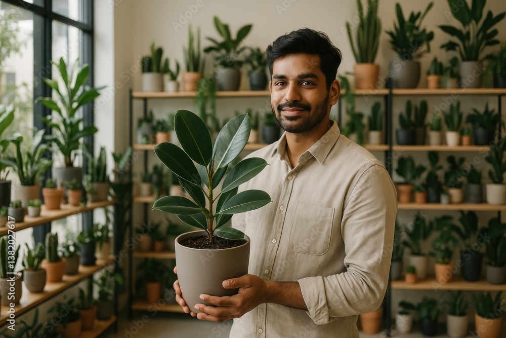 Man holding potted plant indoors.