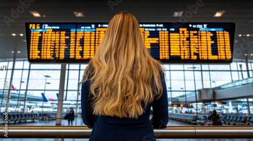 Woman waiting at the airport, looking at the flight information display