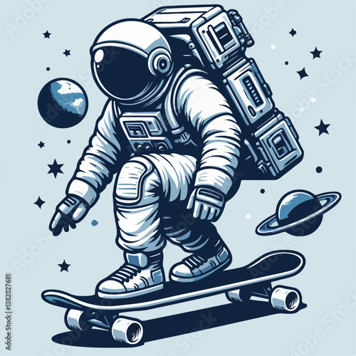 cartoon vector illustration of astronaut with skateboard