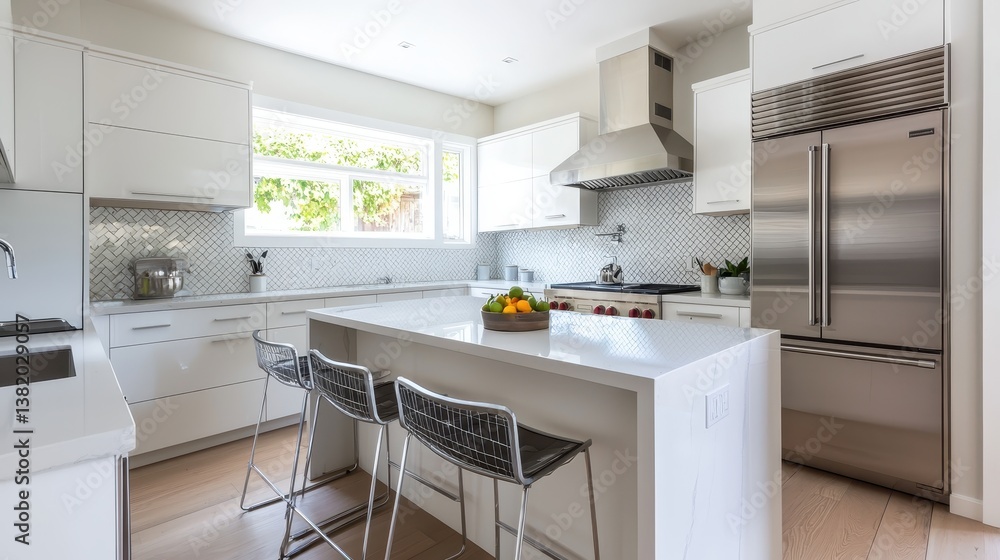 Fototapeta premium A kitchen with a white island and two chairs