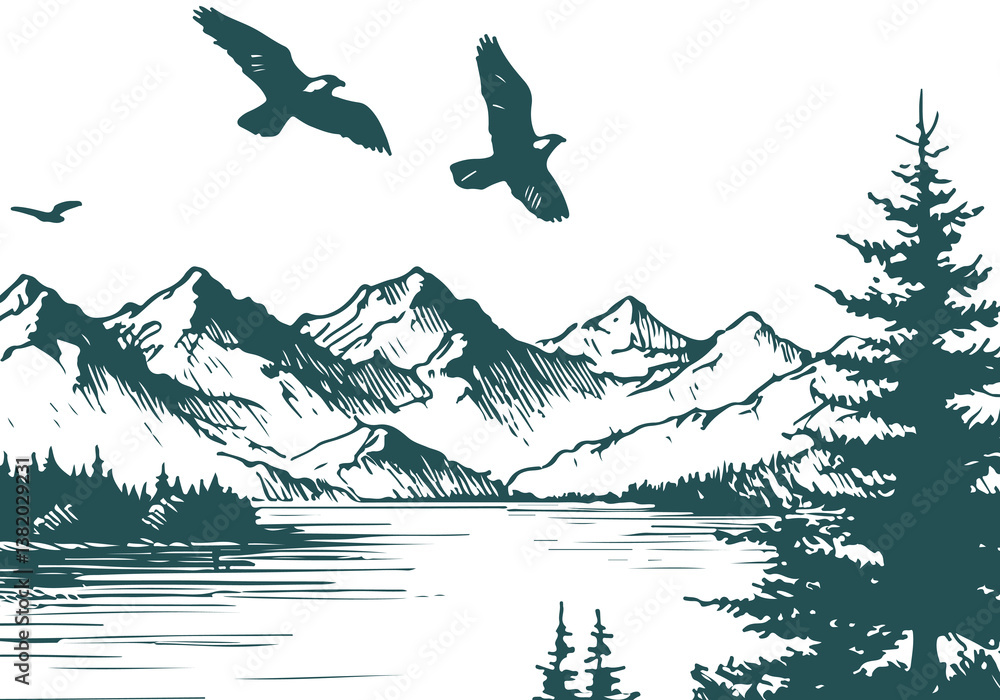 Naklejka premium Nature Hand Drawn Illustration Vector With Mountains, Lake and Trees