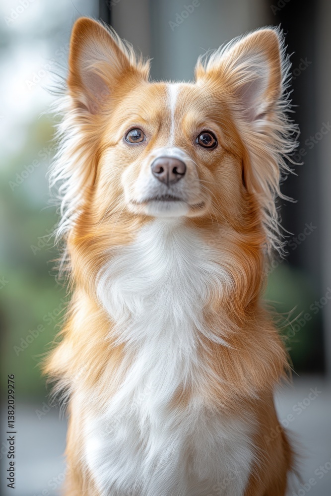 Portrait of a Fluffy Tan and White Dog with Brown Eyes, Close-Up Photo, Neutral Background, Cute Animal Photography Portrait of a Fluffy Tan and White Dog with Brown Eyes, Close-Up Photo, Neutral Background, Cute Animal Photography