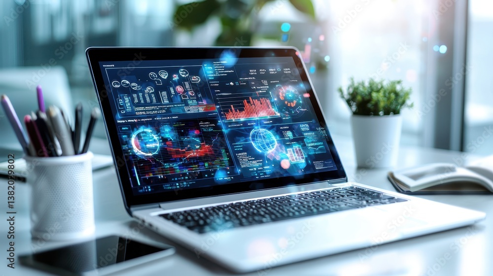 A laptop computer with a screen showing a graph of data A laptop computer with a screen showing a graph of data