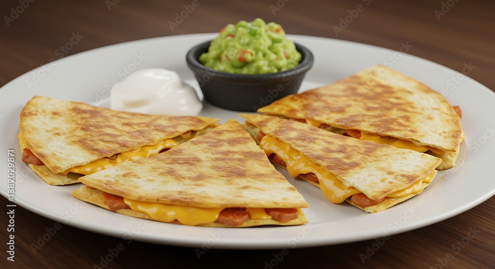 Serving Quesadillas with Guacamole and Sour Cream on a White Plate Serving Quesadillas with Guacamole and Sour Cream on a White Plate