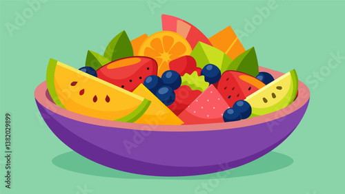 A colorful and inviting fruit salad filled with a mix of melons berries and citrus awaits its final packaging into small containers for lunchtime.. Vector illustration