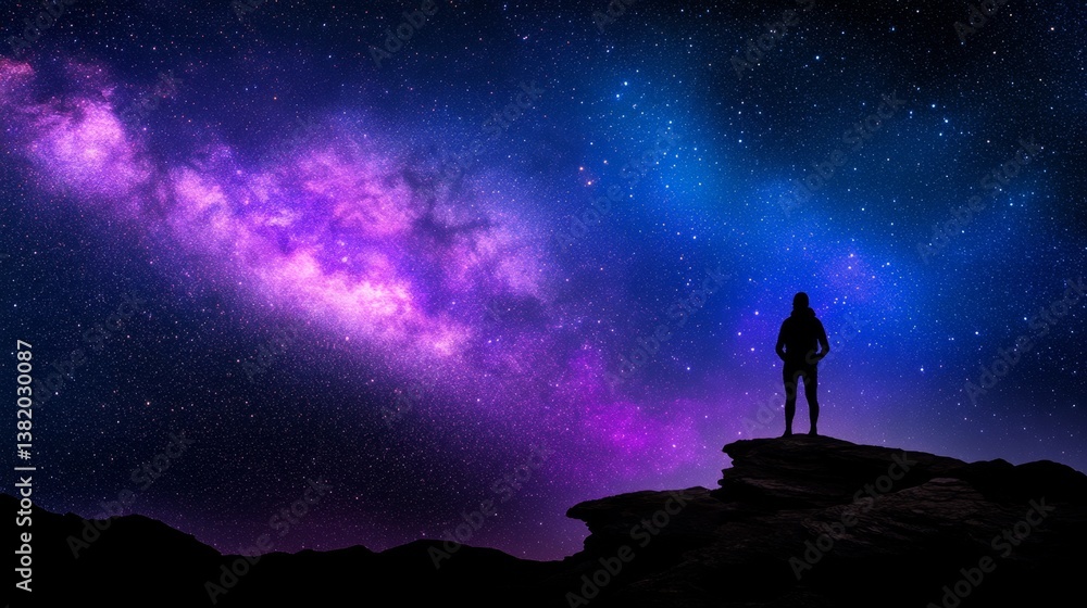 Fototapeta premium A lone hiker standing on the edge of a canyon, staring at the vast galaxy above
