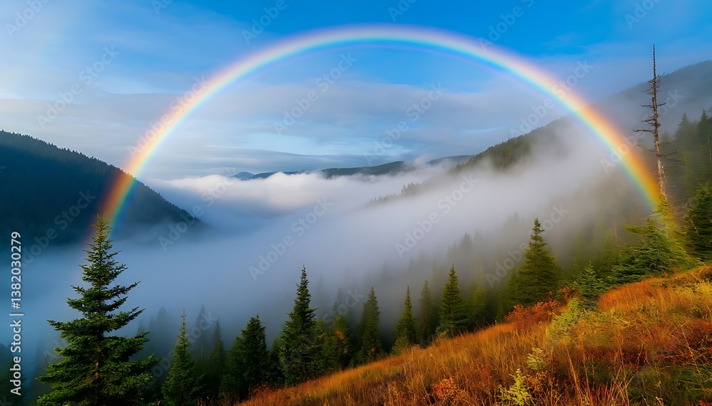 Naklejka premium A vibrant rainbow arches majestically across a scenic mountain landscape, with lush forests and mist-covered valleys