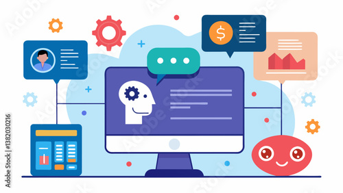 A machine learning program being used by a cognitive computer to analyze customer feedback in order to improve product design.. Vector illustration