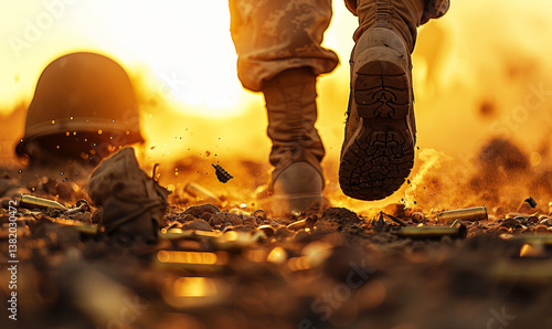 Path of Duty: A soldier's resolute strides through a battle-scarred landscape, boots crunching on debris, with the setting sun illuminating a helmet.