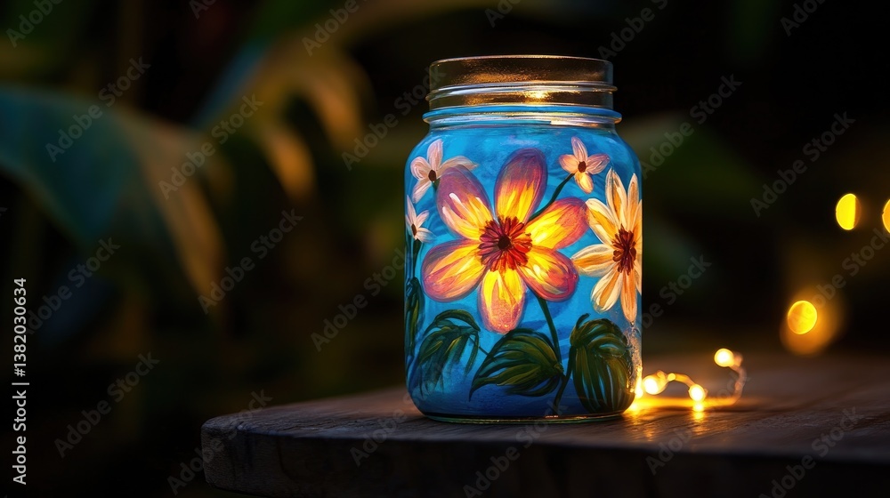 A charming mason jar craft featuring hand-painted floral designs, illuminated with fairy lights, placed on a cozy wooden surface for a perfect summer ambiance. A charming mason jar craft featuring hand-painted floral designs, illuminated with fairy lights, placed on a cozy wooden surface for a perfect summer ambiance.
