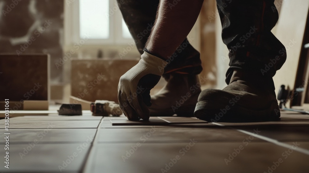 A construction worker laying tiles on a floor at a building site. Featuring attention to detail and care A construction worker laying tiles on a floor at a building site. Featuring attention to detail and care