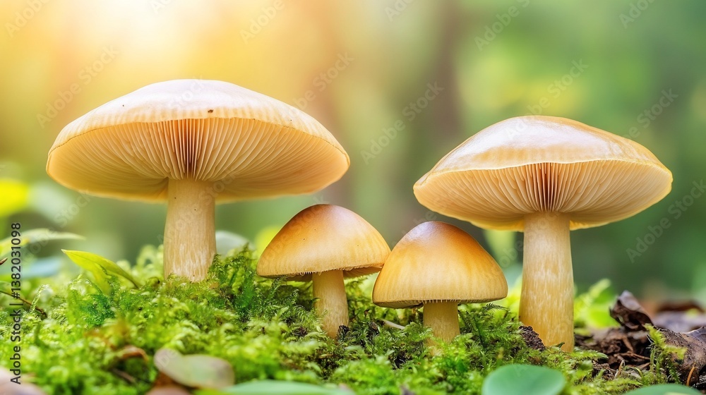 Mushrooms growing on moss in forest with bright sunlit background, nature scene Mushrooms growing on moss in forest with bright sunlit background, nature scene