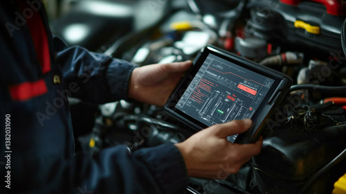 Mechanic using tablet to diagnose engine problems in a car repair shop with diagnostic information displayed