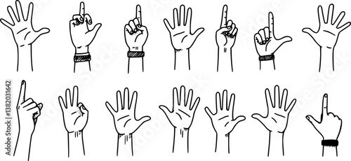Doodle sketch hands up gestures comic icons silhouettes vector set. Group of line art fun comic hands in the air. Voting or happy congratulation audience recognition symbols. 