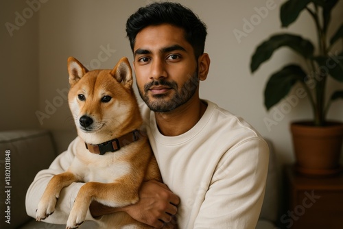 Obraz na płótnie Man with loyal Shiba Inu w salonie