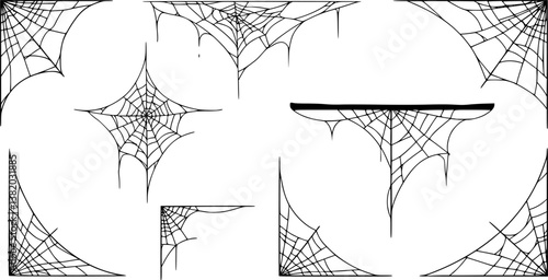 Spooky halloween old spider web with various sizes and shapes. Old cobweb set vector illustration for dark gothic decoration for holidays. Corner spider net insect thread cobweb scary frames.