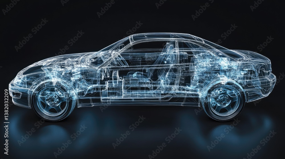 A futuristic X-ray view showing a car's internal structure, frame, and components in a transparent style, symbolizing advanced automotive technology. A futuristic X-ray view showing a car's internal structure, frame, and components in a transparent style, symbolizing advanced automotive technology.