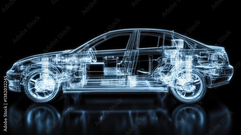 A futuristic X-ray view showing a car's internal structure, frame, and components in a transparent style, symbolizing advanced automotive technology. A futuristic X-ray view showing a car's internal structure, frame, and components in a transparent style, symbolizing advanced automotive technology.