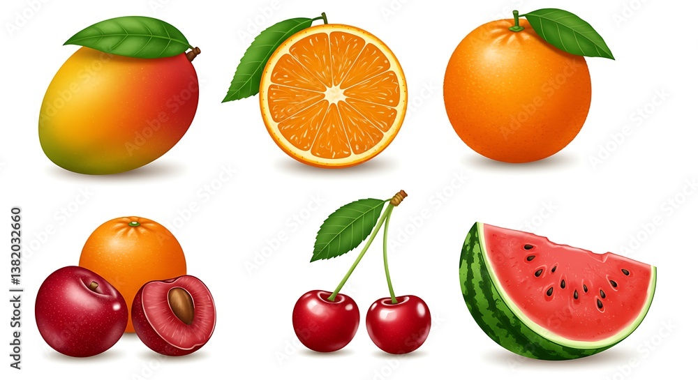 Arrangement of Various Fresh Fruits on a White Background for Healthy Eating Arrangement of Various Fresh Fruits on a White Background for Healthy Eating