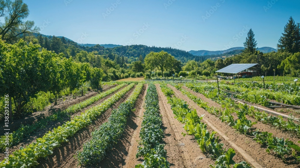 Naklejka premium An organic vegetable farm with fresh produce growing in neat rows.