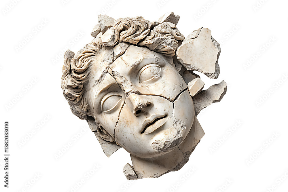 Naklejka premium Broken ancient greek statue head falling in pieces isolated on transparent background 