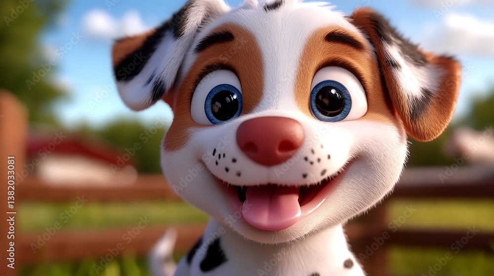 Fototapeta premium Adorable Cartoon Puppy on Farm with Sunny Day.