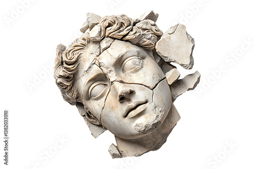 Broken ancient greek statue head falling in pieces isolated on transparent background
