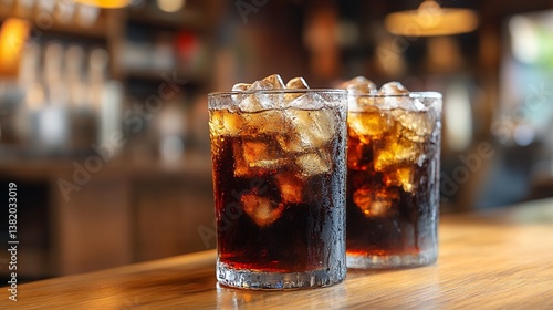 Two Glasses Of Soda With Ice On Wooden Bar Counter