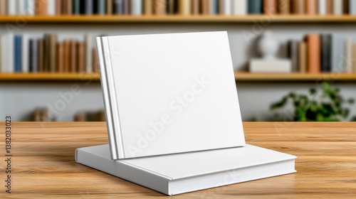 Wallpaper Mural Two Blank White Square Books on Wooden Table with Blurred Library Background Torontodigital.ca